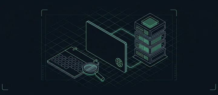 Illustration: Eine Domain als Namensschild mit Globus; daneben ein leeres Kalenderblatt, eine Lupe und eine Linie zum Registerserver.
