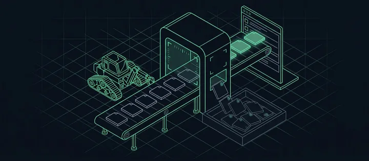 Illustration: Viele Seitenkacheln laufen in einen Crawler-Scanner, nur wenige kommen rechts in der Trefferliste an; die übrigen liegen grau darunter.