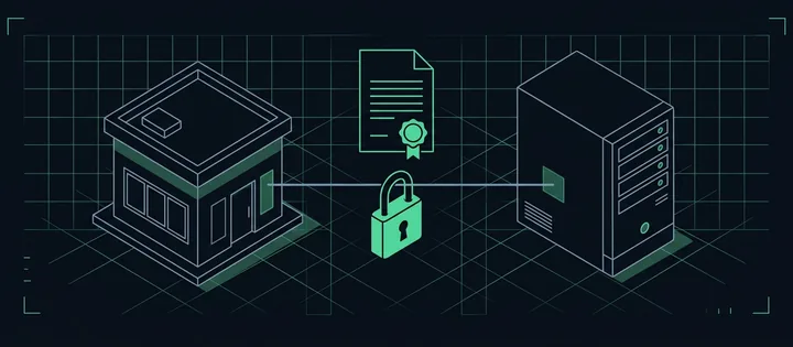 Illustration: Ein Vertragsdokument mit Siegel zwischen einem Bürogebäude und einem Server; eine Linie mit Schloss verbindet sie.