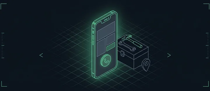 Illustration: Illustration: Ein grün leuchtendes Smartphone mit leeren Layoutblöcken und einem großen Anrufknopf, daneben ein Werkzeugkasten mit Hammer und Schraubenschlüssel und eine Kartennadel.