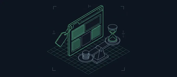 Illustration: Illustration: Ein grün leuchtendes Browserfenster mit leeren Layoutblöcken, davor eine Waage mit Münzen auf der einen und einer Sanduhr auf der anderen Seite, an der Fensterecke ein leeres Preisschild.