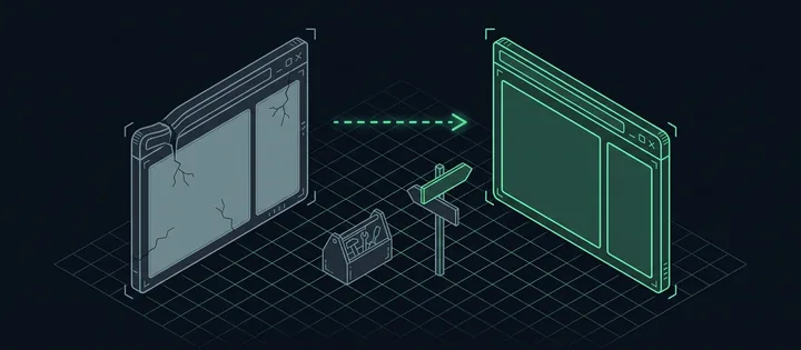 Illustration: Illustration: Ein altes, graues Browserfenster mit rissigen Feldern und daneben ein frisches, grün leuchtendes Fenster derselben Form; dazwischen eine Werkzeugkiste und ein Wegweiser mit zwei Pfeilen.