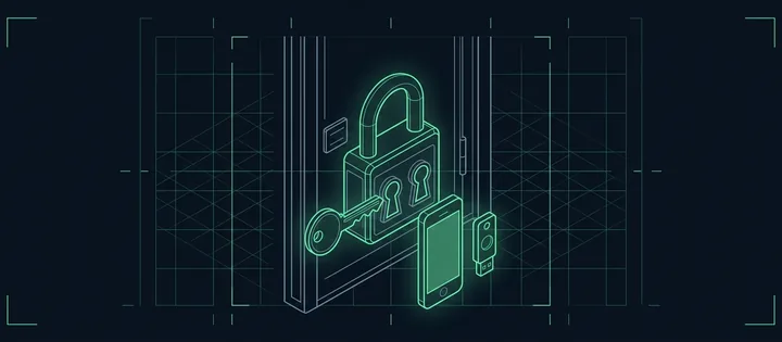 Illustration: Ein Schloss mit zwei Schlüssellöchern: im ersten steckt ein Schlüssel, vor dem zweiten stehen ein Smartphone mit leerem Bildschirm und ein USB-Sicherheitsschlüssel.