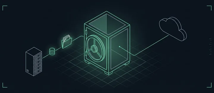 Illustration: Ein grün leuchtender Tresor, abseits eines Servers; eine Linie bringt einen Datenbankzylinder und einen Ordner hinein, eine zweite führt zu einer Wolke.