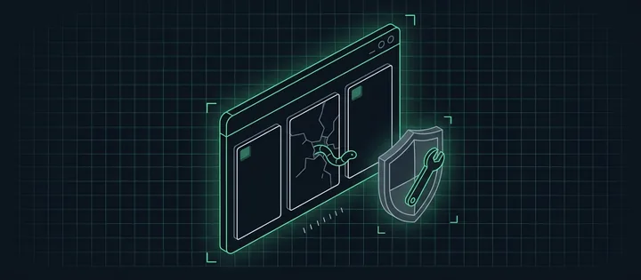 Illustration: Ein Browserfenster mit leeren Feldern, eines gerissen, durch den Riss schlüpft ein Wurm; daneben ein Schild mit Schraubenschlüssel.