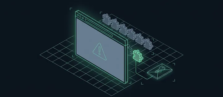Illustration: Illustration: Ein leeres Browserfenster mit Warndreieck; dahinter stecken graue Plugin-Bausteine, einer ist halb herausgezogen und leuchtet grün, eine grüne Linie führt zu einem Umschlag mit Schlüssel.