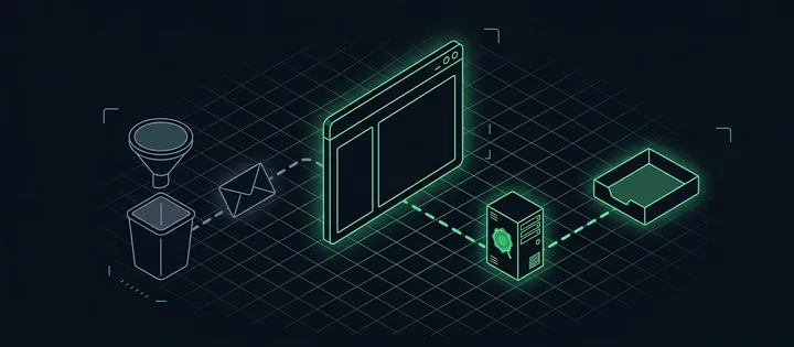 Illustration: Illustration: Aus einem leeren Browserfenster führt ein grauer Weg mit einem Umschlag zu einer Tonne unter einem Filtertrichter, ein grün leuchtender Weg führt über einen Mailserver mit Siegel zu einem Briefkasten.