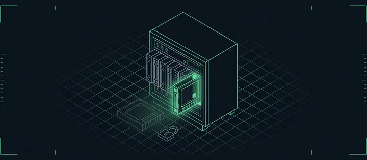 Illustration: Ein Server, aus dem eine alte Laufzeit-Kassette gezogen wird und neben einem offenen Schloss liegt, während eine grün leuchtende neue Kassette in den freien Schacht gleitet.