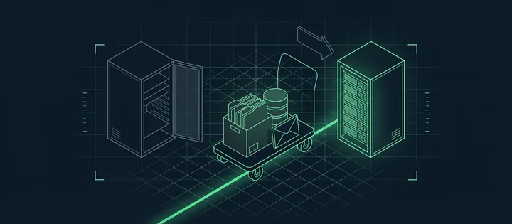 Illustration: Ein Transportwagen bringt einen Karton mit Ordnern, einen Datenbankzylinder und einen Umschlag vom dunklen alten Server zum grün leuchtenden neuen Server.