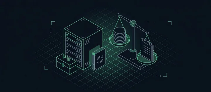 Illustration: Ein Server mit Werkzeugkiste und Sicherungsplatte; daneben eine Waage mit glatten Scheiben auf der einen und einem Klemmbrett mit leeren Zeilen auf der anderen Seite.