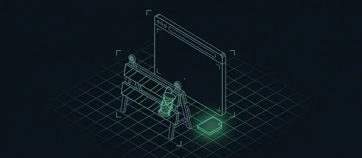 Illustration: Ein Browserfenster hinter einer Absperrung, an der eine Sanduhr hängt; daneben liegt eine kleine, grün leuchtende Datei.