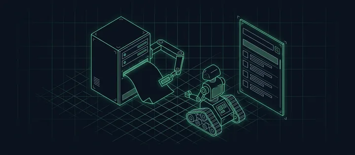 Illustration: Ein PDF verlässt einen Server, der ihm einen Anhänger anheftet; ein Crawler-Roboter liest ihn und lässt die Datei aus der Trefferliste.