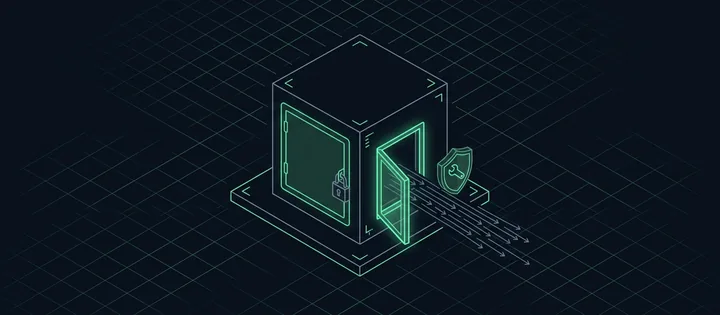 Illustration: Illustration: Ein Server mit einer verschlossenen Haupttür und einer halb offenen, grün leuchtenden Seitenklappe, aus der ein Strom grauer Pfeile läuft; daneben ein Schild mit Schraubenschlüssel.