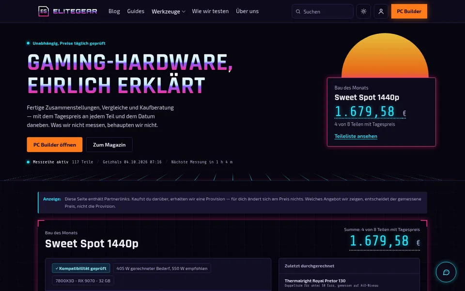 Startseite von elitegear.io am 05.10.2026: Aufmacher „Gaming-Hardware, ehrlich erklärt“, rechts die Karte „Bau des Monats“ mit Tagespreis, darunter die Zeile zur laufenden Messreihe mit 117 Teilen.