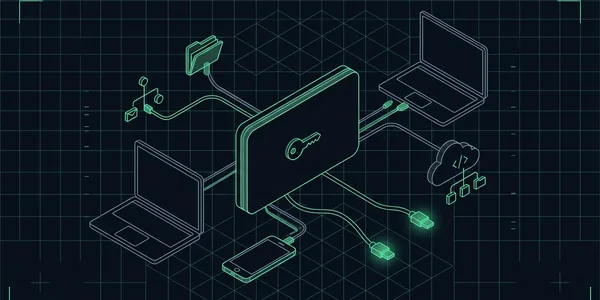Illustration: Eine Kontokarte, an der Leitungen zu Laptop, Telefon, Cloud-Ordner, Code-Repository und Umschlag hängen; zwei Leitungen sind abgezogen und leuchten an den Enden grün.