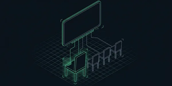 Illustration: Ein grün umrissener Stuhl vorne und mehrere graue Stühle dahinter, alle mit einer gemeinsamen leeren Arbeitsfläche darüber verbunden.