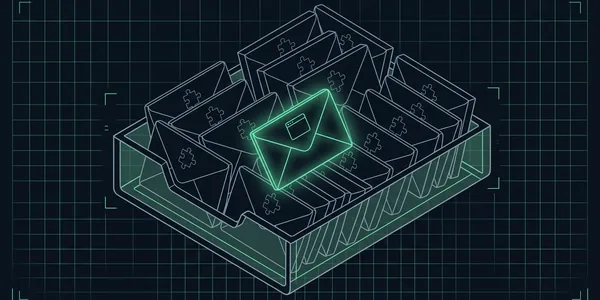 Illustration: Eine überquellende Ablage voller grauer Berichtsumschläge mit Puzzleteil; nur ein grüner in der Mitte trägt ein Browserfenster-Symbol.