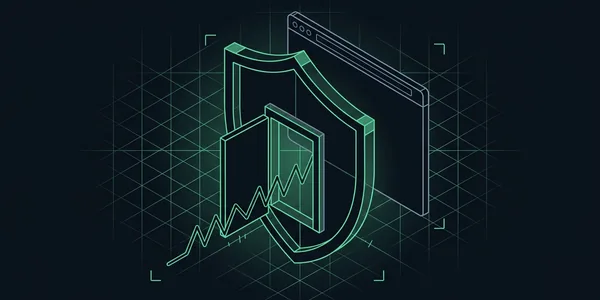 Illustration: Ein Schild mit einer großen Türöffnung in der Mitte; eine gezackte Skriptlinie läuft geradewegs hindurch zum Browserfenster dahinter.