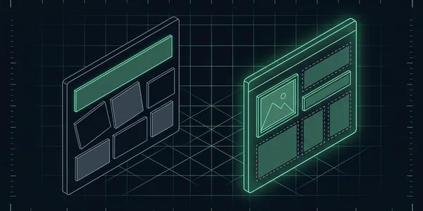 Illustration: Zwei Webseiten-Karten: links grau, die Inhaltsblöcke von einem Banner verschoben und verrutscht; rechts grün leuchtend, Bild und Blöcke fest an ihren gestrichelt vorgezeichneten Plätzen.