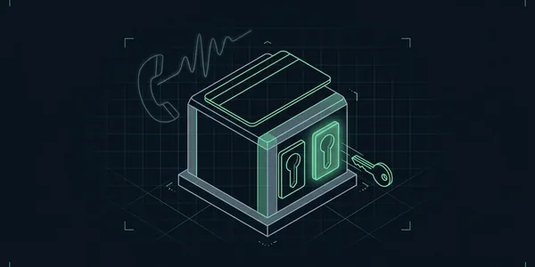 Illustration: Eine Zahlungskarte auf einem Sockel mit zwei getrennten Schlüsselschlitzen; nur einer bekommt einen Schlüssel, der zweite leuchtet grün und bleibt leer; dahinter ein Telefonhörer mit Tonwelle.