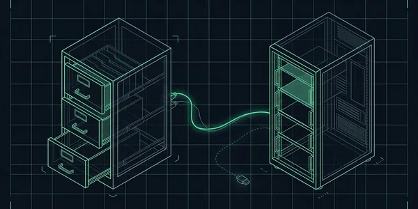 Illustration: Ein Karteischrank ist über ein grün leuchtendes Kabel mit einem Serverschrank verbunden; ein zweites, gestricheltes Kabel endet in einem losen Stecker am Boden.