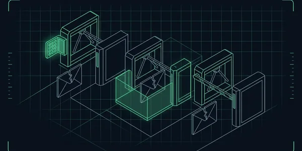 Illustration: Drei Kontrollstellen hintereinander mit Umschlägen mit zerbrochenem Siegel: an der ersten offen durchgelassen, an der zweiten in einer grünen Box festgehalten, an der dritten von einer Schranke gestoppt.