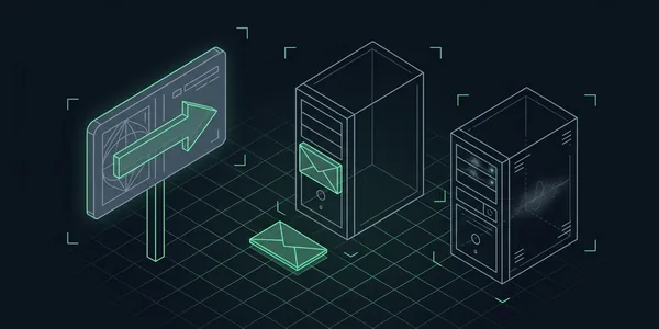 Illustration: Ein Wegweiser mit Pfeil zeigt auf einen leeren Mailserver, in dessen Schlitz ein Umschlag steckt; ein zweiter Umschlag liegt davor, ein weiterer Server steht unverbunden daneben.