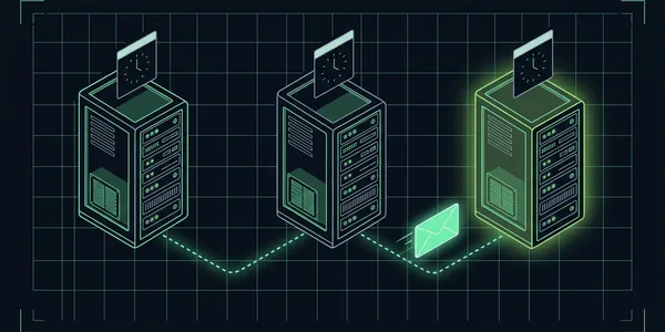 Illustration: Drei Mailserver auf einem gestrichelten Weg, auf jedem eine Karte mit einer Uhr ohne Ziffern; ein Umschlag wandert zum rechten, grün leuchtenden Server.