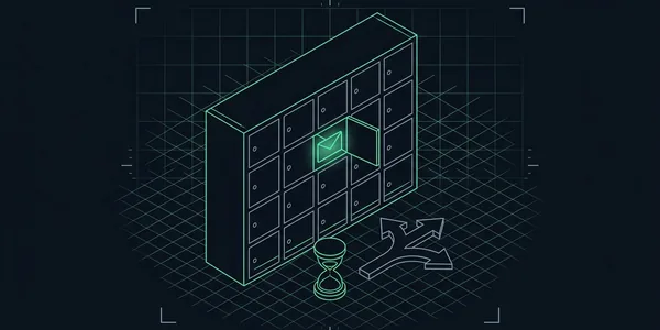 Illustration: Ein Schließfachschrank mit einer offenen Tür, in der ein grün leuchtender Umschlag liegt; davor eine Sanduhr und eine Weggabelung.