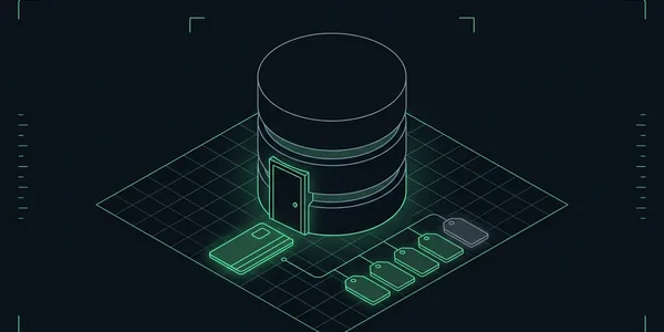 Illustration: Illustration: Ein Datenbankzylinder mit einer kleinen Tür, davor eine grün leuchtende Schlüsselkarte und vier kleine Anhänger in einer Reihe, einer davon schief und grau.