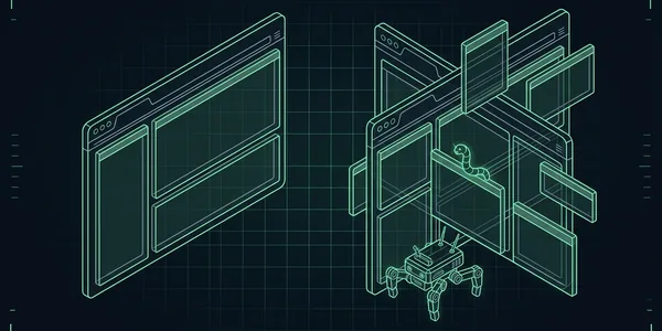Illustration: Dasselbe Browserfenster zweimal: links sauber, rechts mit schiefen Zusatztafeln und Wurm; nur vor dem rechten steht ein Crawler-Roboter.