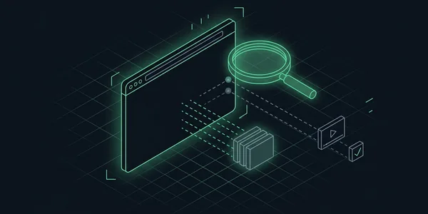 Illustration: Illustration: Ein Browserfenster, von dem grüne Linien zu einem Stapel leerer Lettern-Klötzchen daneben führen und zwei graue Linien zu einem fernen Videofenster und einem Kontrollkästchen; eine grüne Lupe prüft die Stelle, an der die grauen Linien abgehen.
