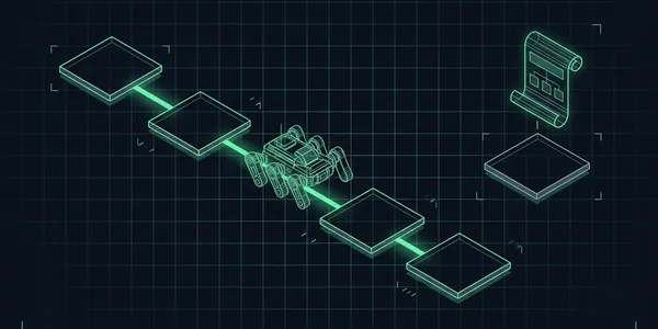 Illustration: Ein Crawler-Roboter folgt einer grünen Linie von Seitenkachel zu Seitenkachel; eine Kachel abseits hängt nur an einer Sitemap-Rolle, ohne Linie vom Crawler.