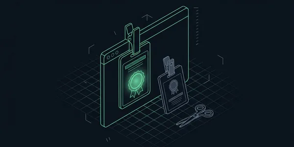 Illustration: Zwei Ausweiskarten an einem Browserfenster: eine große mit grün leuchtendem Siegel, eine kleine graue an einem Clip, daneben eine Schere.