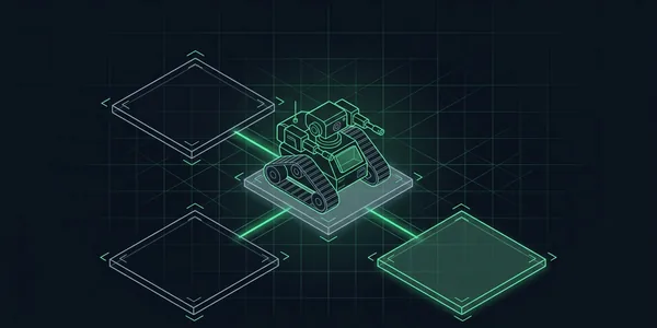 Illustration: Ein Crawler-Roboter auf einer Seitenkachel, von der grüne Linien zu weiteren Kacheln führen; die nächste leuchtet schon.