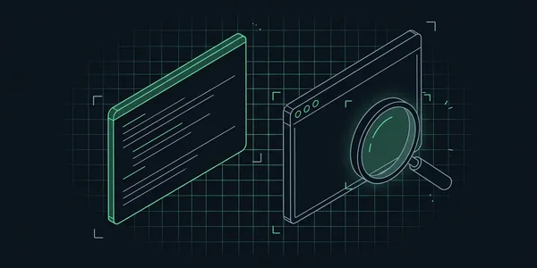 Illustration: Eine Quellcode-Karte und ein gerendertes Browserfenster nebeneinander; die Lupe liegt über dem Browserfenster, nicht über dem Code.