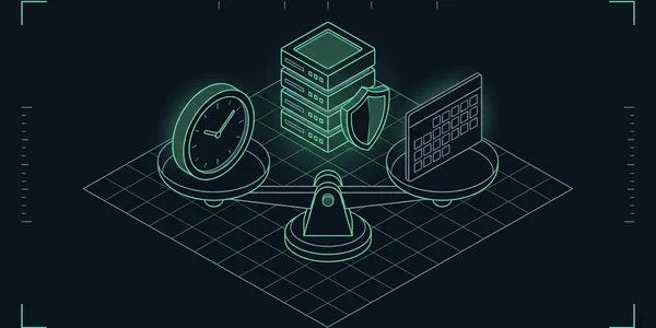 Illustration: Illustration: Eine Waage mit einer Uhr ohne Ziffern auf der einen und einem leeren Kalenderraster auf der anderen Seite; dahinter ein kleiner Server mit grünem Schild.