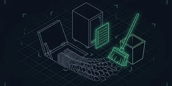 Illustration: Illustration: Ein Server neben einer geöffneten Bodenklappe, unter der sich ein Fächer aus hunderten grauen Seitenkarten versteckt; ein grüner Besen kehrt sie in einen Behälter, daneben steht eine Karte mit leeren Zeilen.