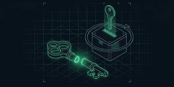 Illustration: Ein alter Schlüssel liegt in zwei Hälften mit grün leuchtenden Schnittkanten; daneben schwebt ein neuer Schlüssel über dem Schlitz eines verschlossenen Tresors mit Begrenzungsring.