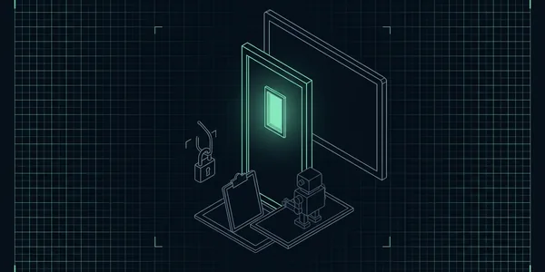 Illustration: Eine grün leuchtende geschlossene Tür vor einem Videokonferenz-Bildschirm; davor wartet ein kleiner grauer Roboter auf der Fußmatte, ein Klemmbrett lehnt an ihm.