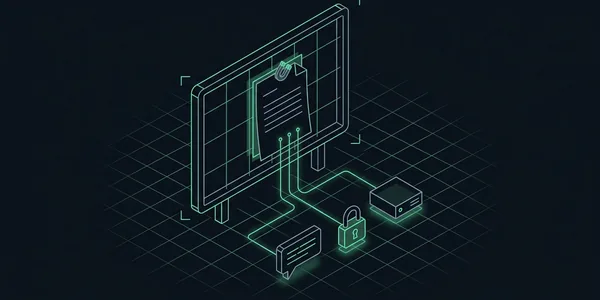 Illustration: Ein Dokumentblatt an einer Wandtafel, von dem drei Linien zu einer Chatblase, einem Schloss und einem Server führen.