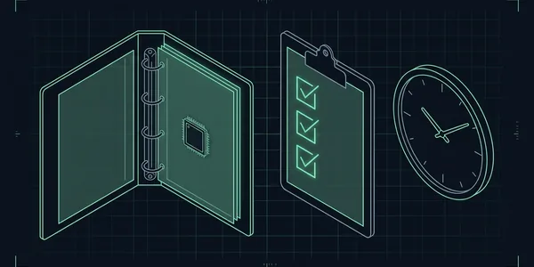 Illustration: Ein offener Ordner mit leeren Blättern und einem Prozessorchip, daneben ein Klemmbrett mit drei Häkchen und eine Uhr ohne Ziffern.