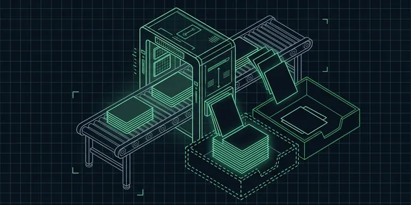 Illustration: Gleiche Textseiten laufen durch ein Prüftor; die meisten landen in einer gestrichelten Warnablage, nur wenige in der grünen.