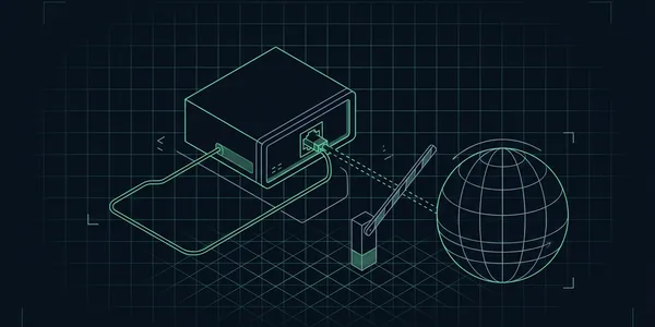 Illustration: Ein Server, dessen Anschluss in einer Schleife zu ihm selbst zurückführt; ein gestricheltes Kabel zu einem Globus endet an einer geschlossenen Schranke.