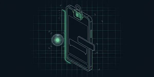 Illustration: Ein Smartphone mit leerem Chatfenster und Schloss; eine KI-Kugel draußen wird von einer grünen Sperrlinie zurückgehalten.