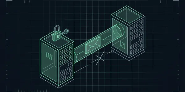 Illustration: Zwei Mailserver, dazwischen ein Umschlag in einer geschlossenen Röhre; auf dem sendenden Server ein Schloss mit Schlüssel, ein offener Nebenweg ist durchgestrichen.