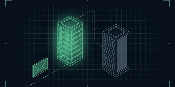 Illustration: Ein Umschlag auf dem Weg zum ersten, grün leuchtenden Mailserver; eine gestrichelte Ausweichlinie führt zum grauen zweiten dahinter.