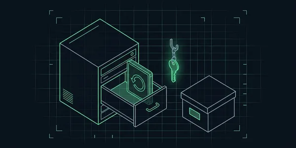 Illustration: Aus der Schublade eines Servers wandert eine Sicherungsplatte zu einem zweiten Ablagekasten; dazwischen hängt ein grün leuchtender Schlüssel an einem Haken.