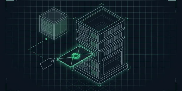 Illustration: Ein Umschlag mit grün leuchtendem Siegel steckt im Schlitz eines Mailservers; an einer Schnur hängt ein graues Schild, dessen gestrichelte Linie zu einem anderen, entfernten Server führt.