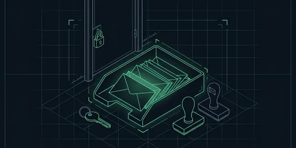 Illustration: Eine grün leuchtende Briefablage, links ein Schlüssel, rechts zwei Stempel, dahinter eine verschlossene Tür mit Schloss.
